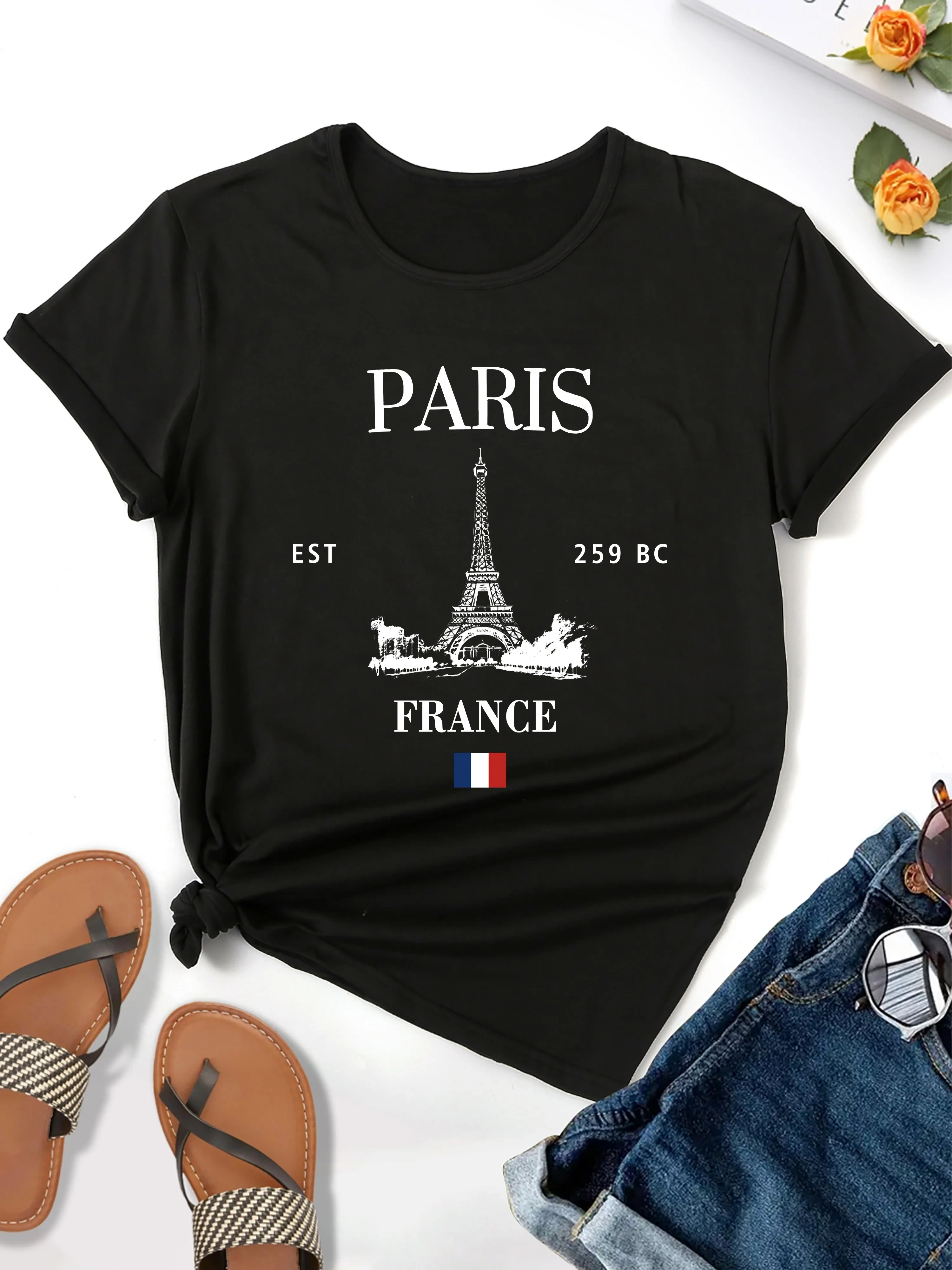 T-shirt imprimé tour Eiffel Paris, haut décontracté à col rond et manches courtes pour le printemps et l'été, vêtements pour femmes
