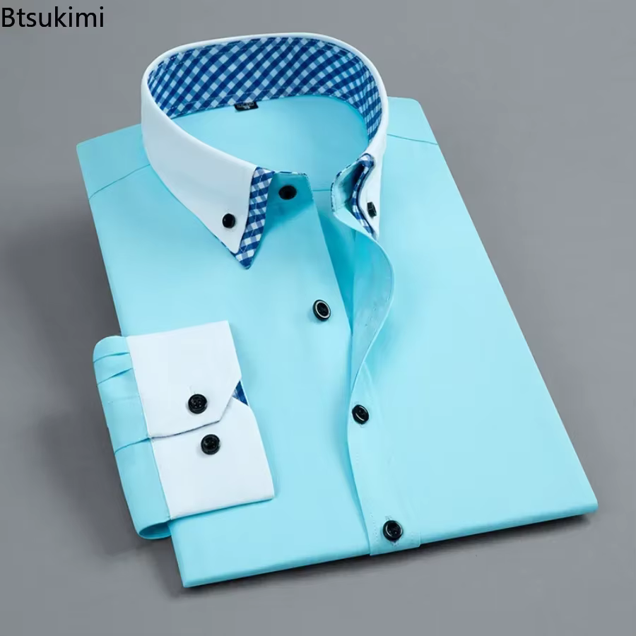2026 chemise habillée pour hommes Non fer mode Double couche à manches longues affaires formelle coupe régulière bureau Camisa chemises sociales mâle