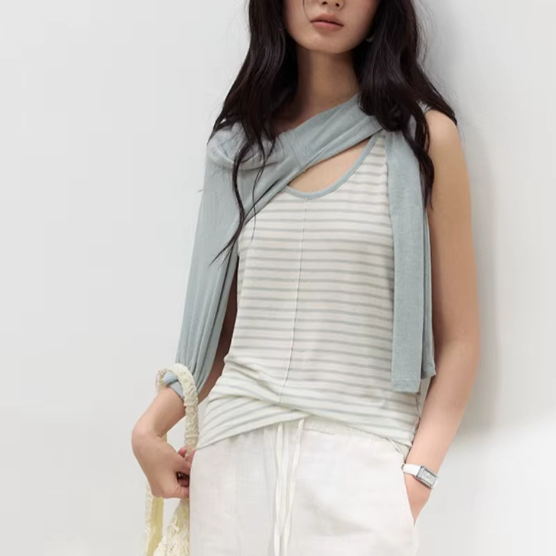 Débardeur en Acétate, Lin et Lyocell pour Femme – Nouvelle Collection Printemps/Été – Camisole Ample avec Base Rayée