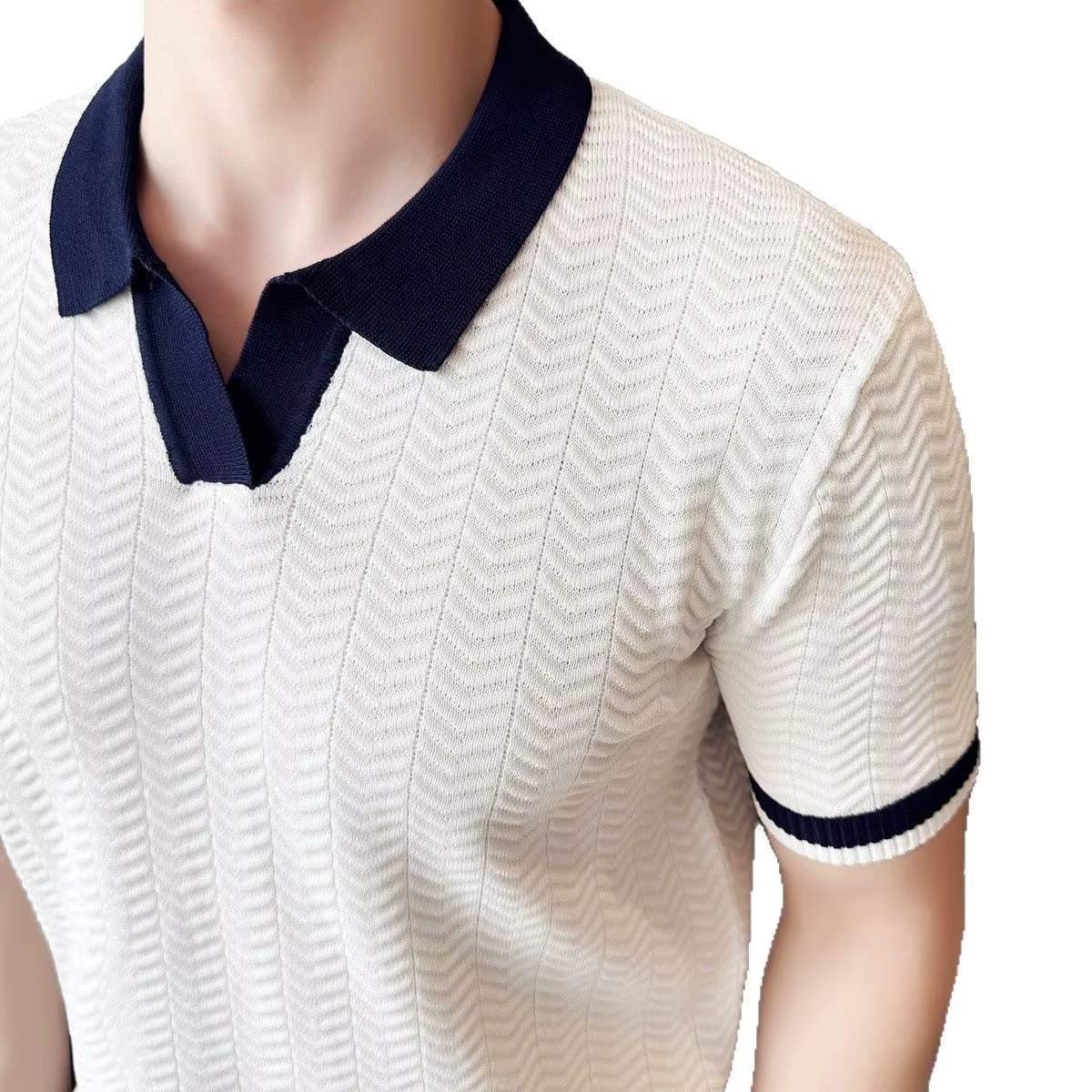 Mode nid d'abeille Texture contraste couleur t-shirts hommes tricotés polos été à manches courtes mince hauts élastique