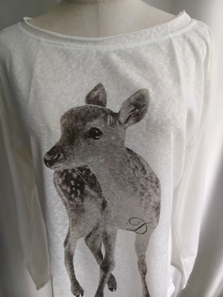 Kimotimo T-shirt Femme Été Imprimé Épaules Dénudées Manches Longues 2026 Nouveau Décontracté Transparent Ample Style