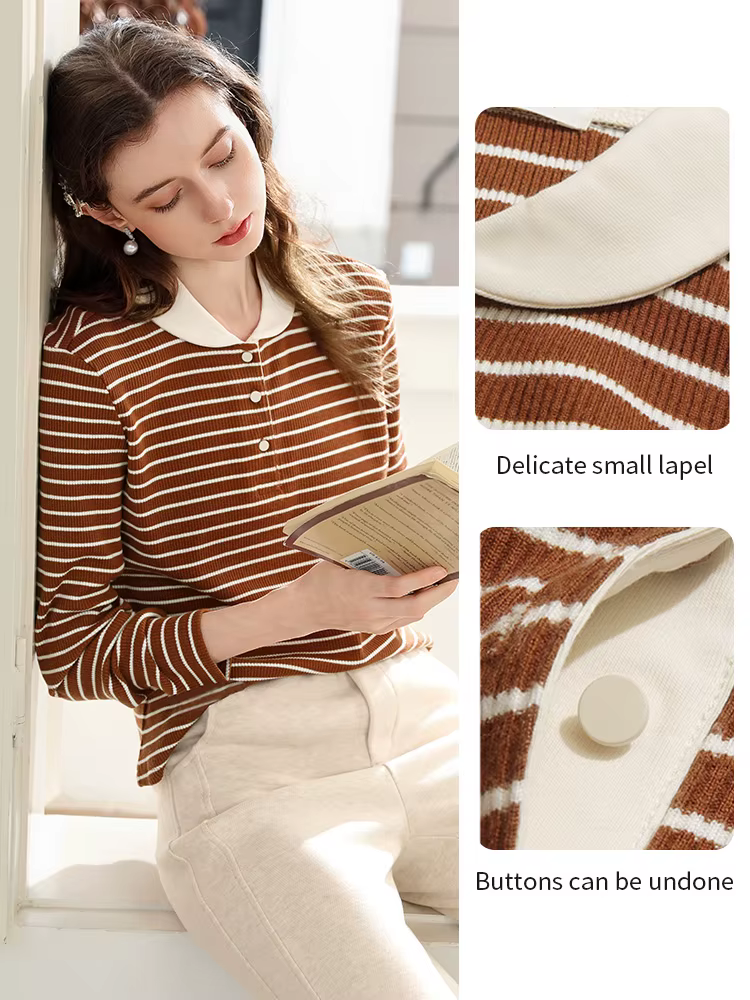 Je crois vous hauts à manches longues pour femme 2025 hiver rétro marron rayé col rabattu tricot T-shirt