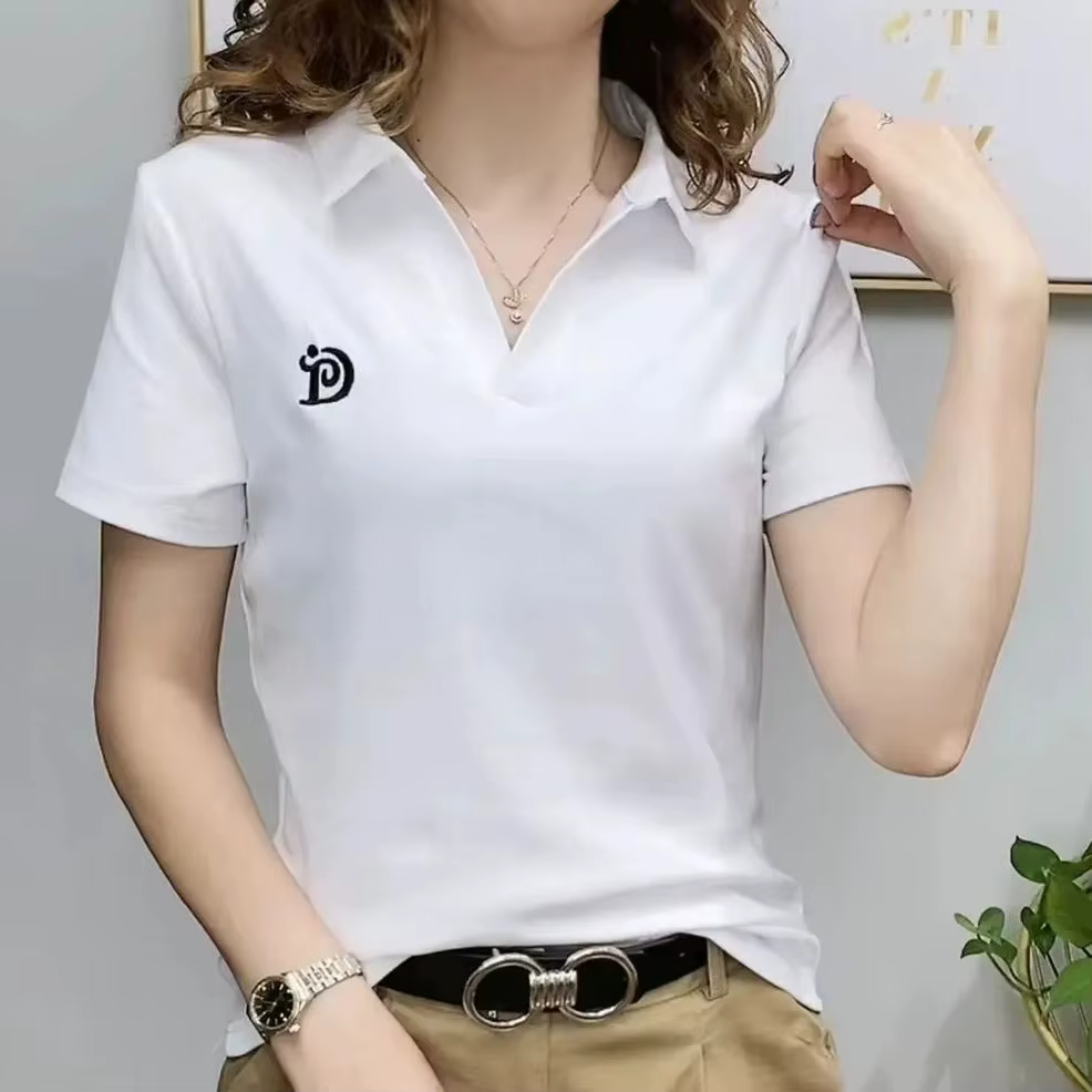 Polo t-shirt pour femmes à manches courtes nouvel été col en v lettre pull tricoté t-shirts femme vêtements grande taille dames hauts