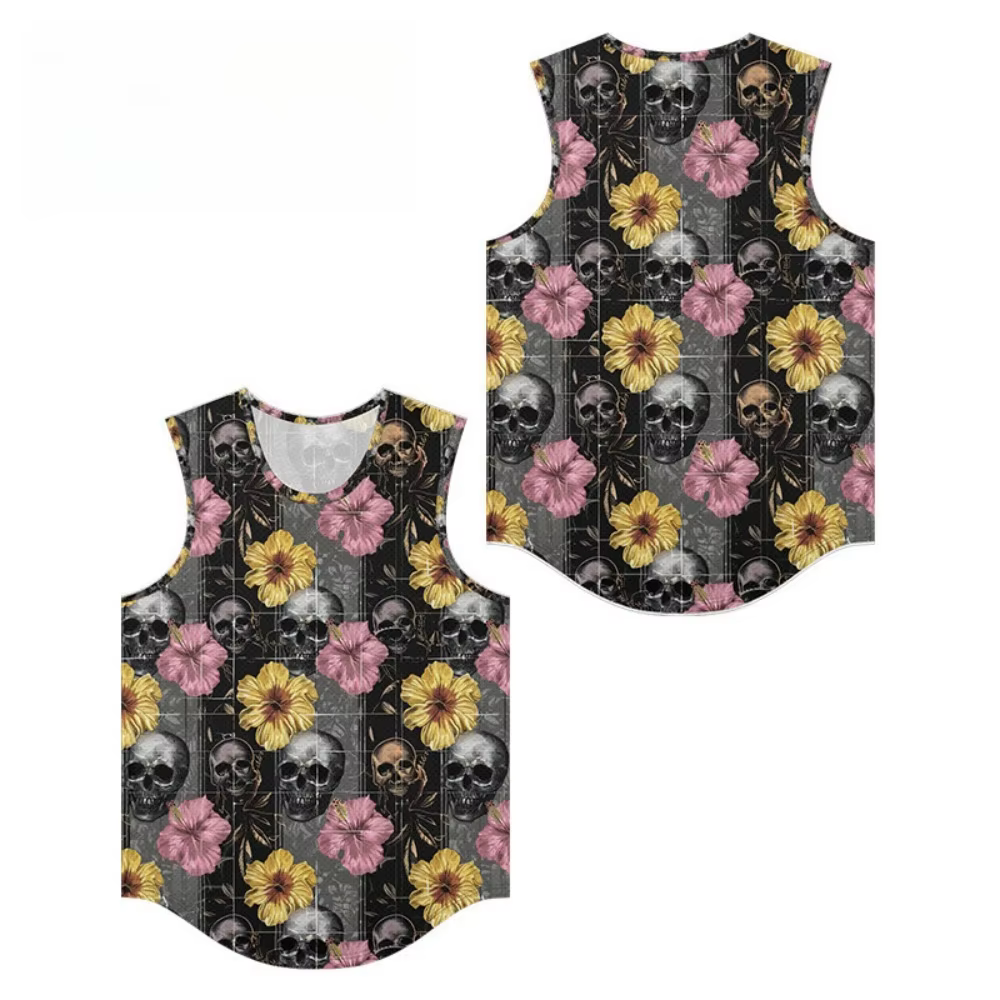 Crâne Muscle Blossom Floral Hommes Débardeur Gilet Respirant Été Beachwear Lâche Tendance Rue Mode Sport Surdimensionné Vêtements