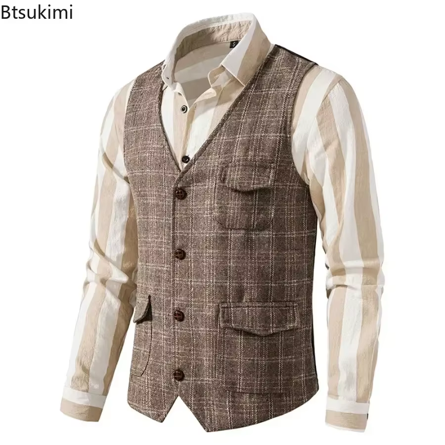 Gilet en Tweed à carreaux pour hommes, Vintage, simple boutonnage, haut de costume de Style anglais, décontracté, pour fête d'affaires, 2026