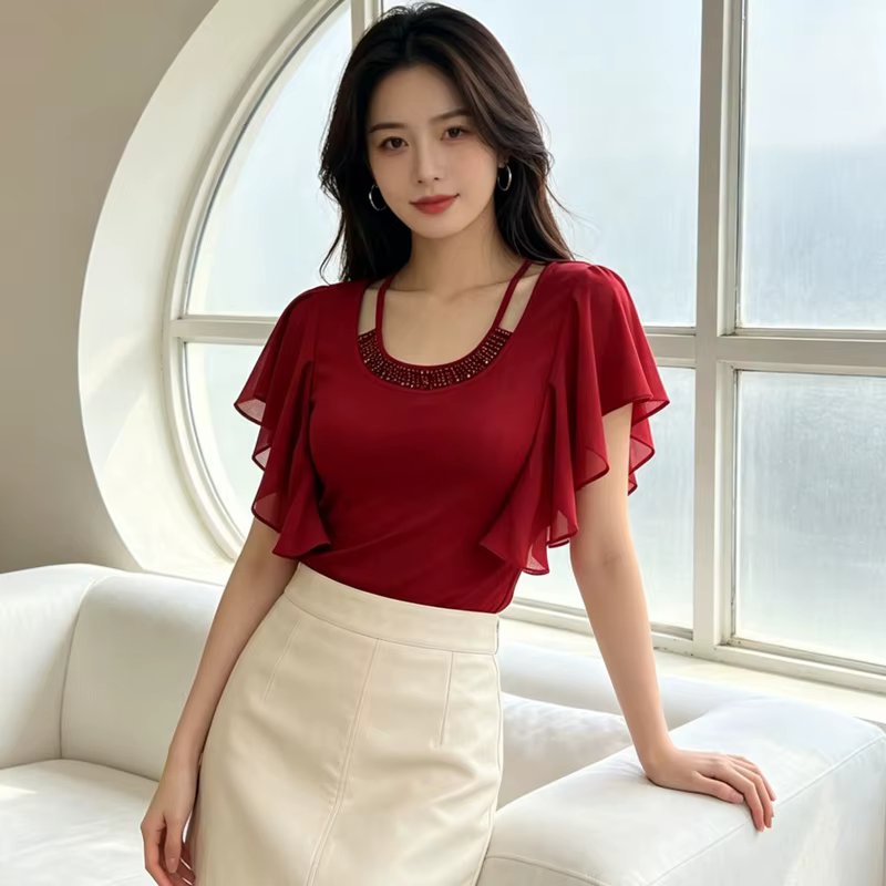 T-shirt rouge sexy à manches volantées pour femme