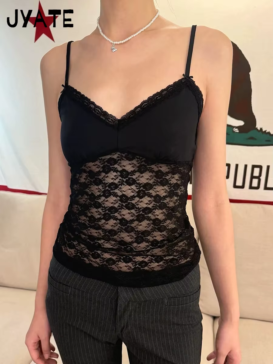 Débardeur transparent noir en dentelle avec nœud pour femme