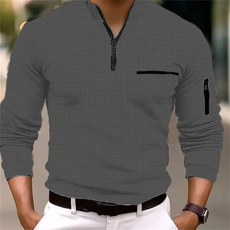 Nouvelle chemise POLO rayée à manches longues pour hommes avec col zippé