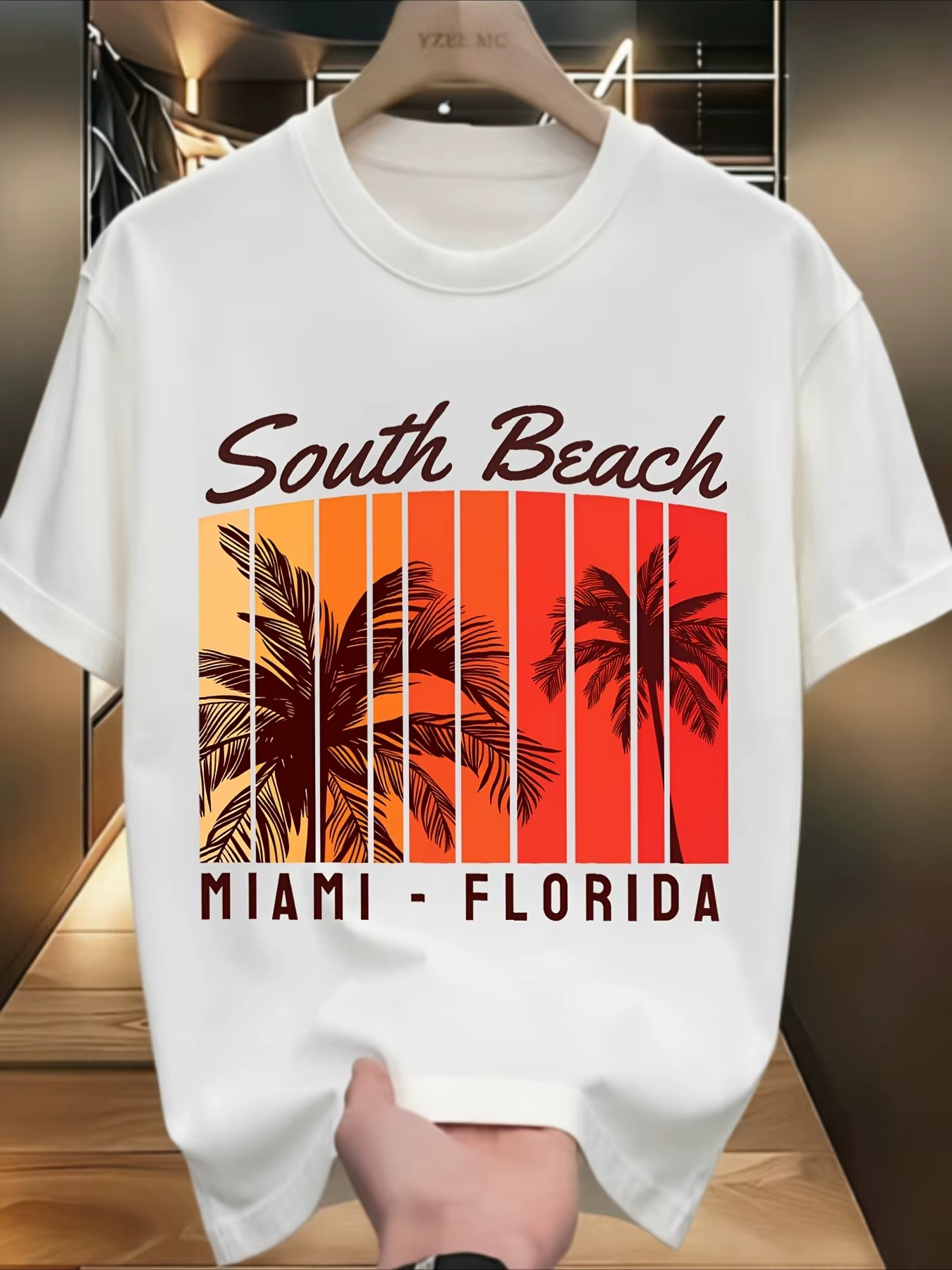 T-shirt Miami South Beach pour hommes et femmes, avec silhouette de palmier, imprimé lettres côtières de la Floride, col rond, en coton, pour les vacances d'été, usage quotidien