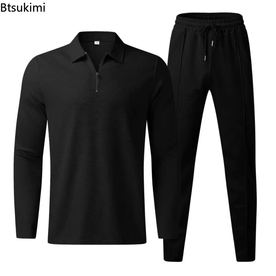 Nouveaux hommes décontracté à manches longues Polo + pantalons de survêtement ensembles de costume solide