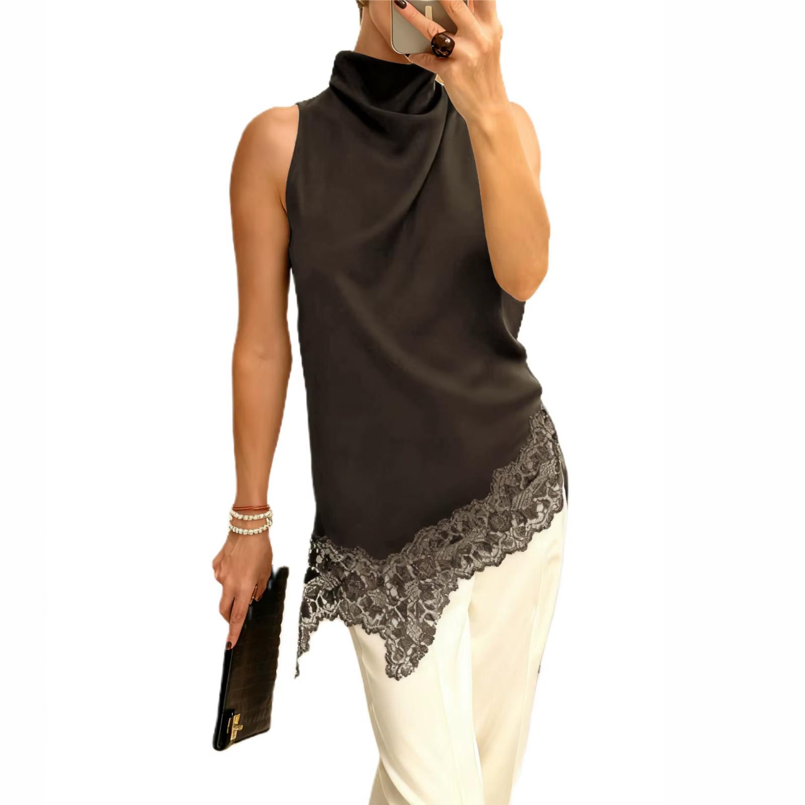 Xingqing y2k débardeurs femmes élégantes vêtements couleur unie col haut sans manches asymétrique dentelle ourlet t-shirts mode Clubwear