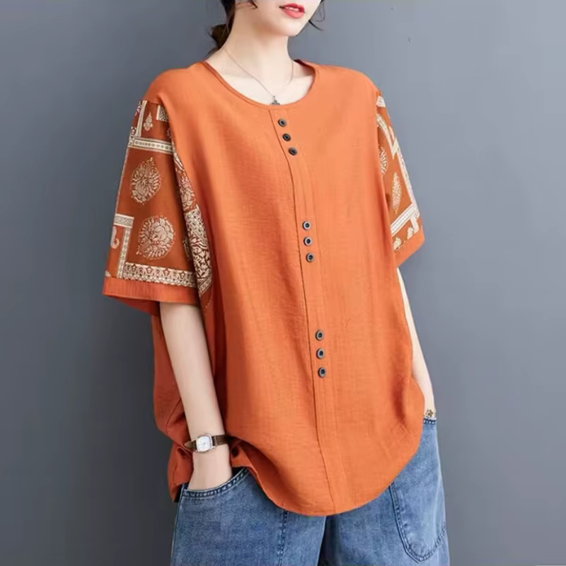 Grande taille coton lin femmes T-Shirt été coupe ample imprimé cinq manches boutonné chemise décontractée à la mode