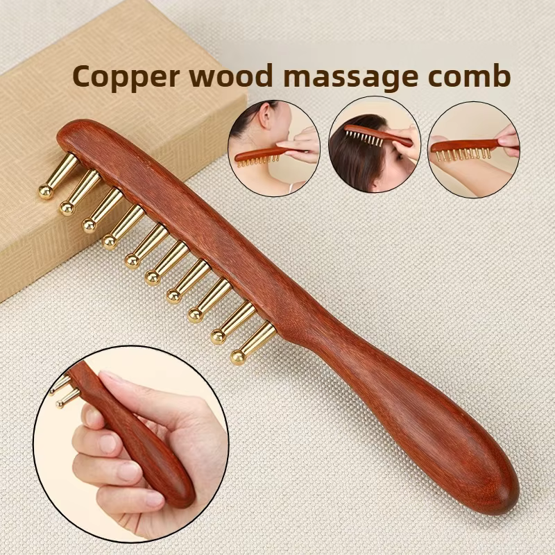 Peigne de massage des méridiens en cuivre et bois