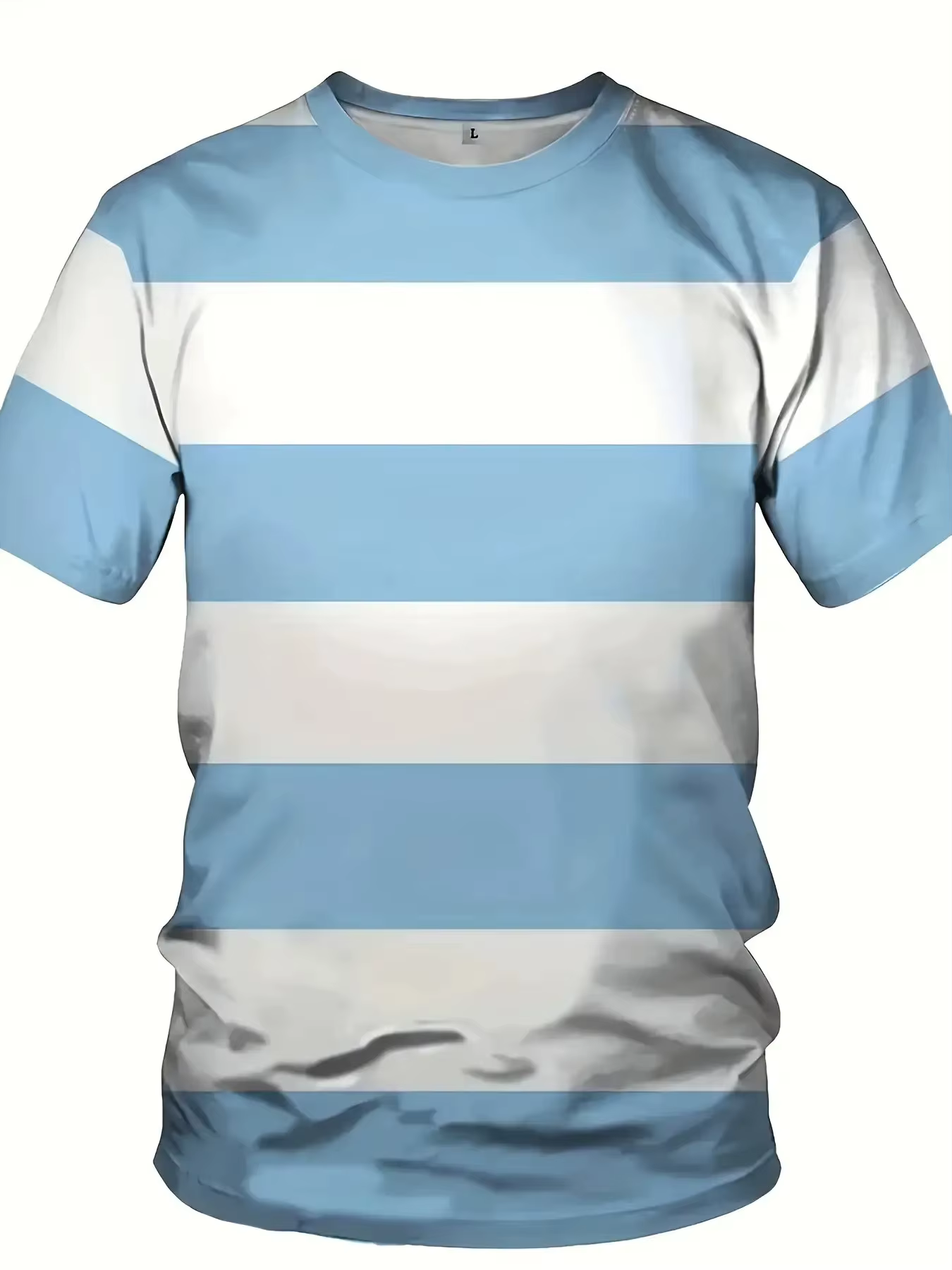 T-shirt rayé polyvalent basique pour hommes | Impression simple bleu clair et blanc | Vêtements multidirectionnels pour
