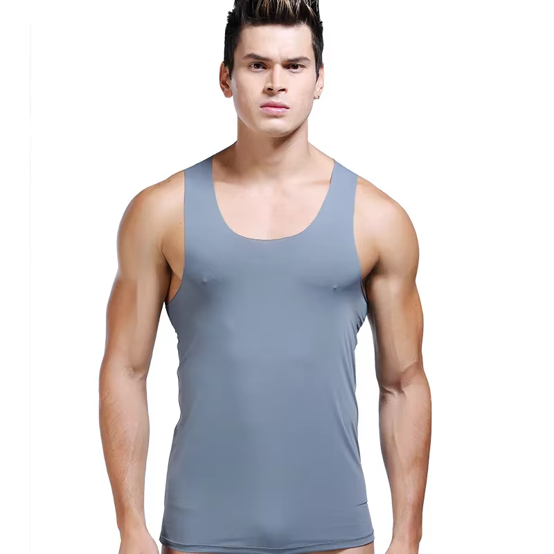 Débardeur de sport moulant sans manches en soie glacée sans couture pour homme
