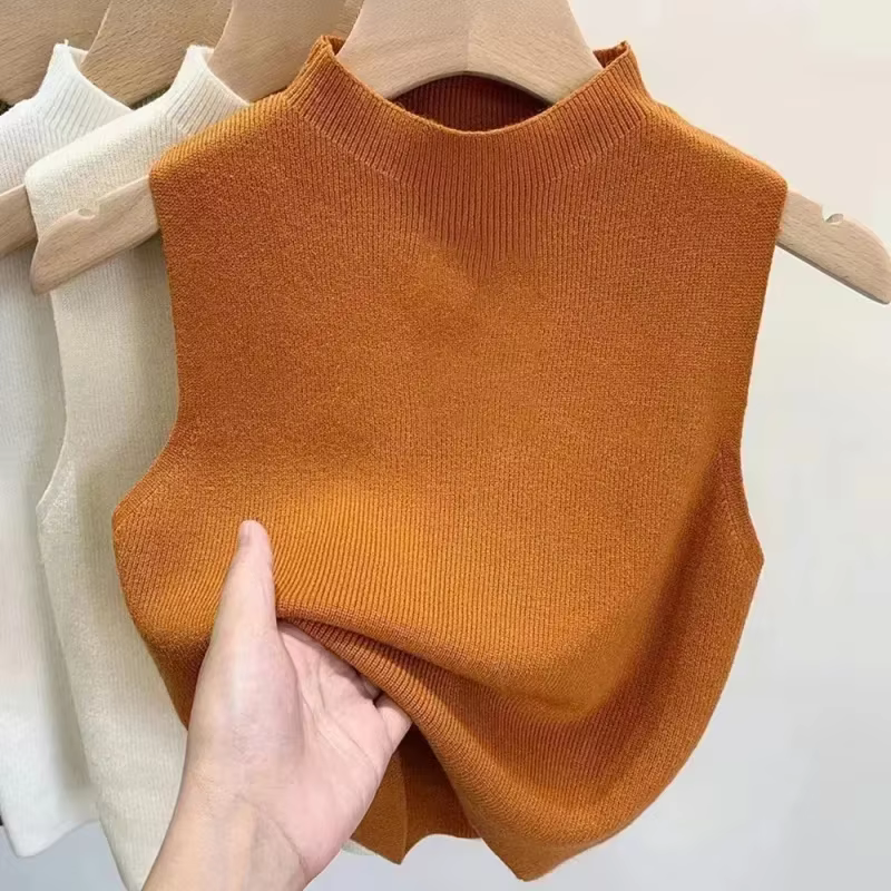 Débardeur tricoté pour femmes, couleur unie, T-Shirt, haut court, Camisole, pull demi-col roulé, sans manches, printemps automne