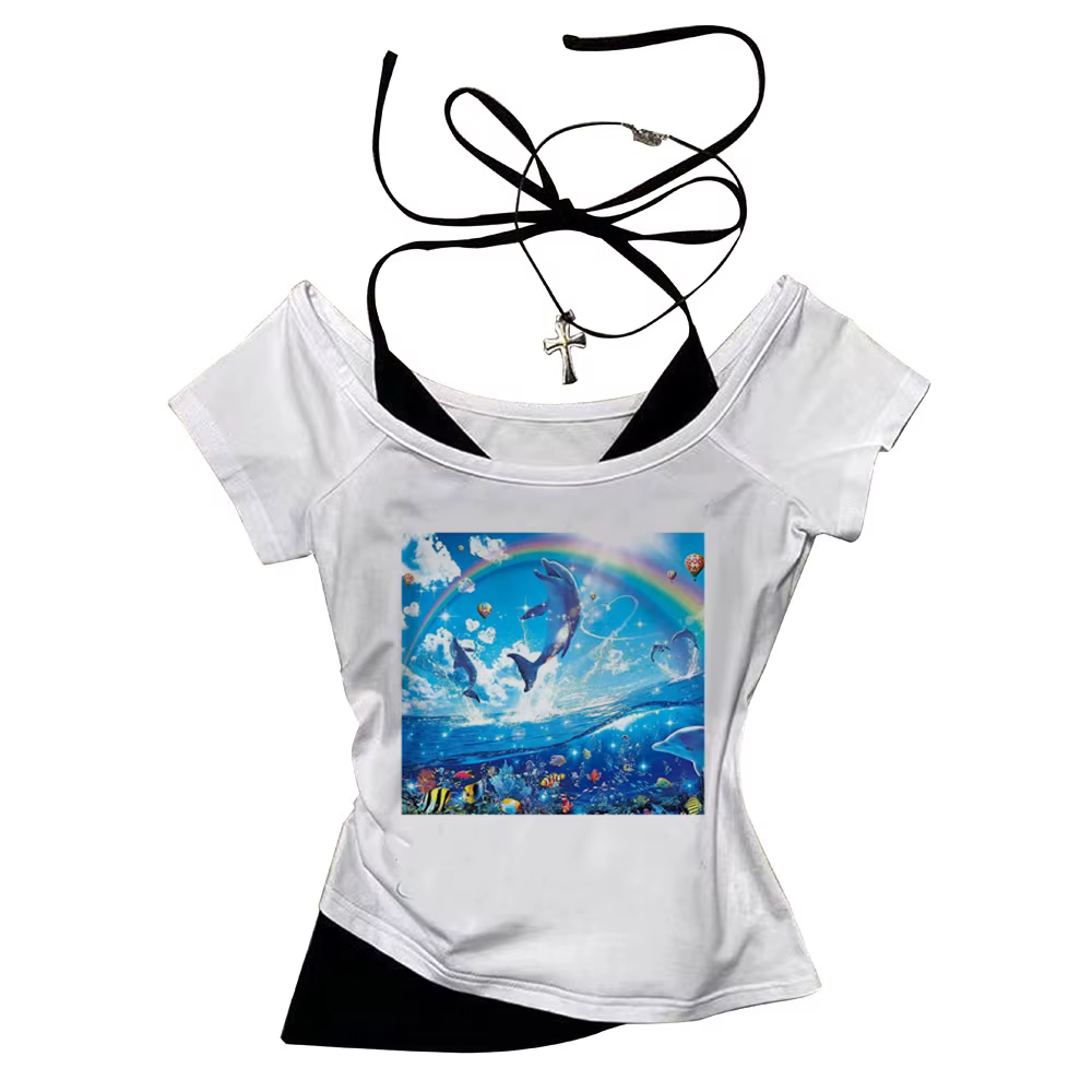 Frutiger Aero crop top harajuku mignon été gothique fée Grunge 2025 Streetwear adolescents t-shirt