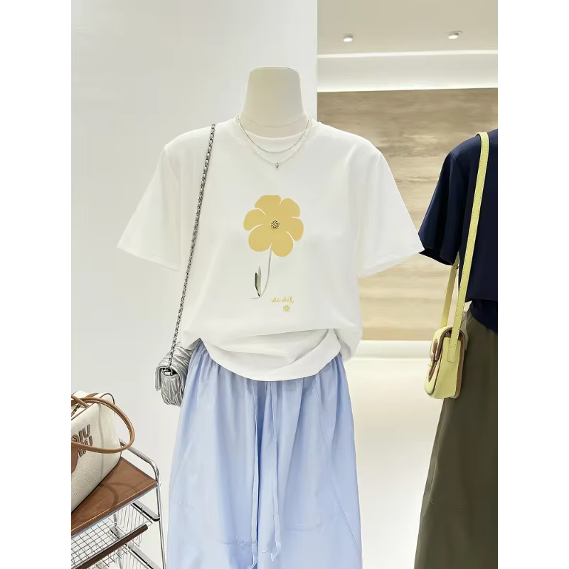 T-shirt à manches courtes imprimé Floral bleu marine pour femmes