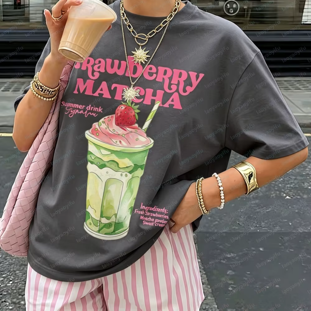 T-shirt imprimé thé Matcha fraise à manches courtes et col rond