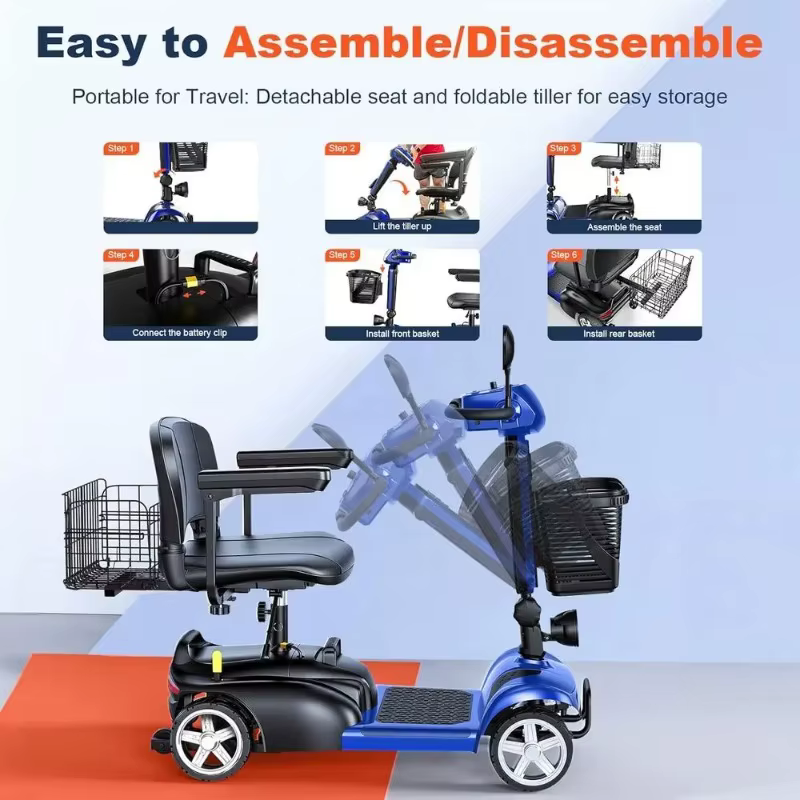 Scooter électrique à 4 roues avec deux paniers, moteur 350W, siège rotatif, port USB, capacité de 300 lb, personnalisé