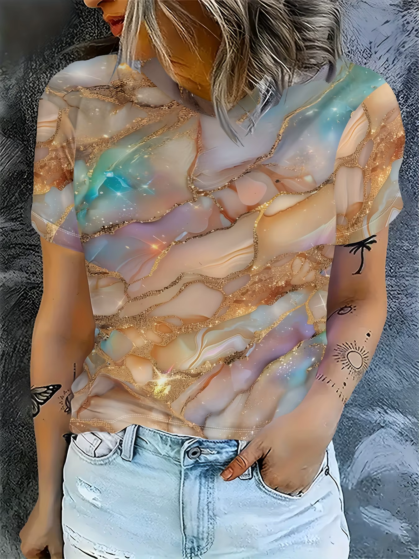 T-shirt femme Pastel & Or - Motif marbré chatoyant