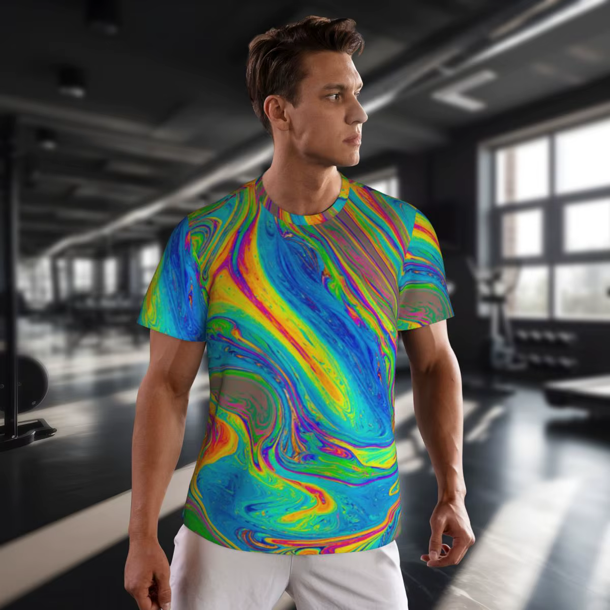 T-Shirt peinture néon imprimé marbre coloré mode course t-shirts à manches courtes hauts confortables été classique