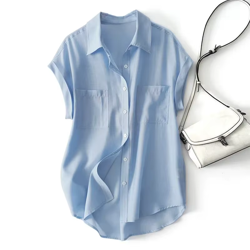 Vert solide décontracté col Polo simple boutonnage à manches courtes femmes Blouse chemise