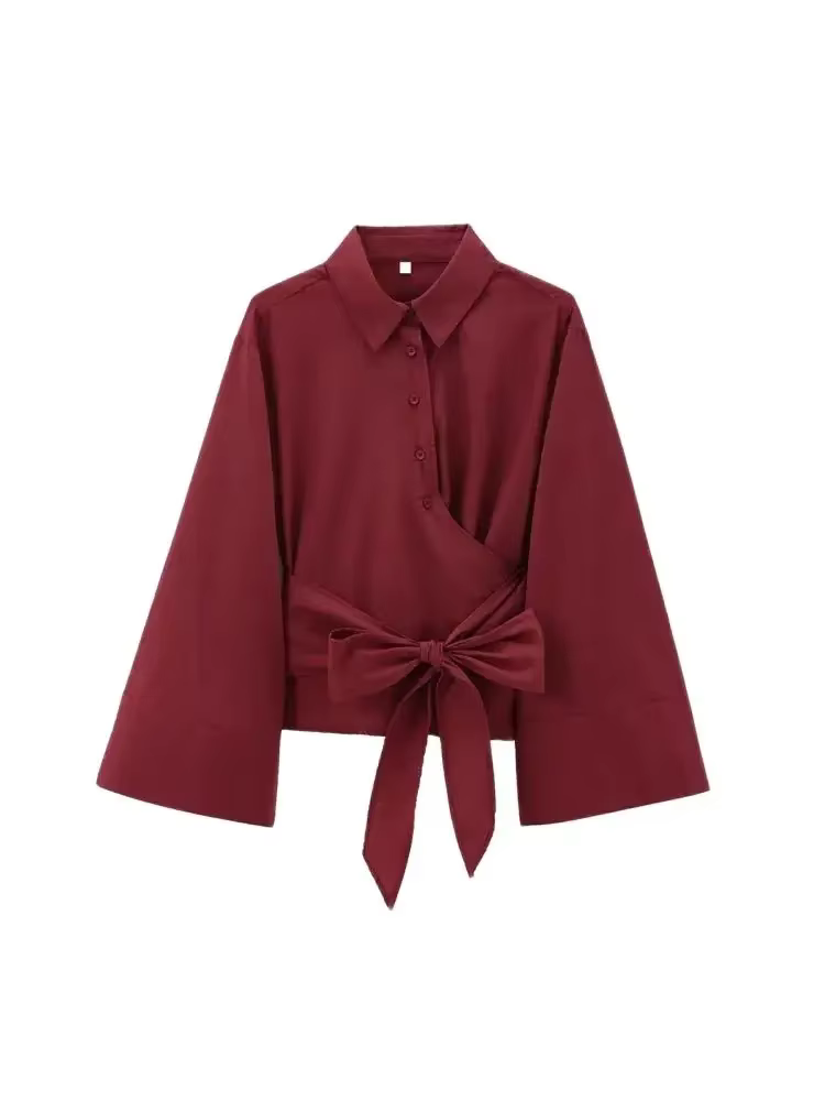 Chemisiers kimono à manches longues pour femmes avec nœud papillon