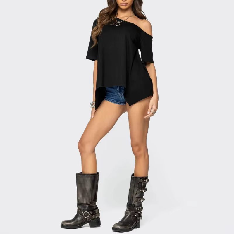 T-shirt asymétrique à épaules dénudées pour femme, manches courtes, coupe ample, ourlet irrégulier, chemisier décontracté uni