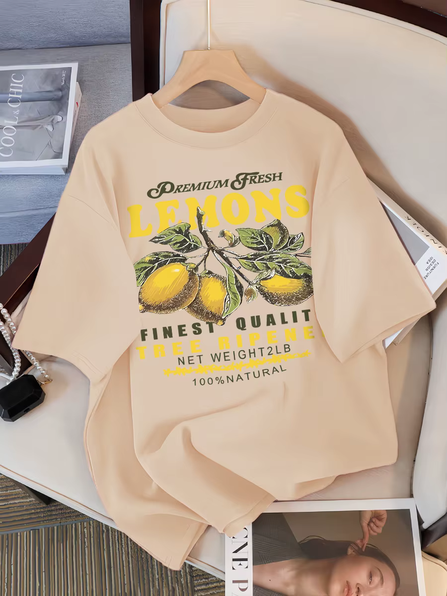 Citrons Fruits Premium frais impression t-shirt femme ample coton vêtements de sport col rond décontracté t-shirts