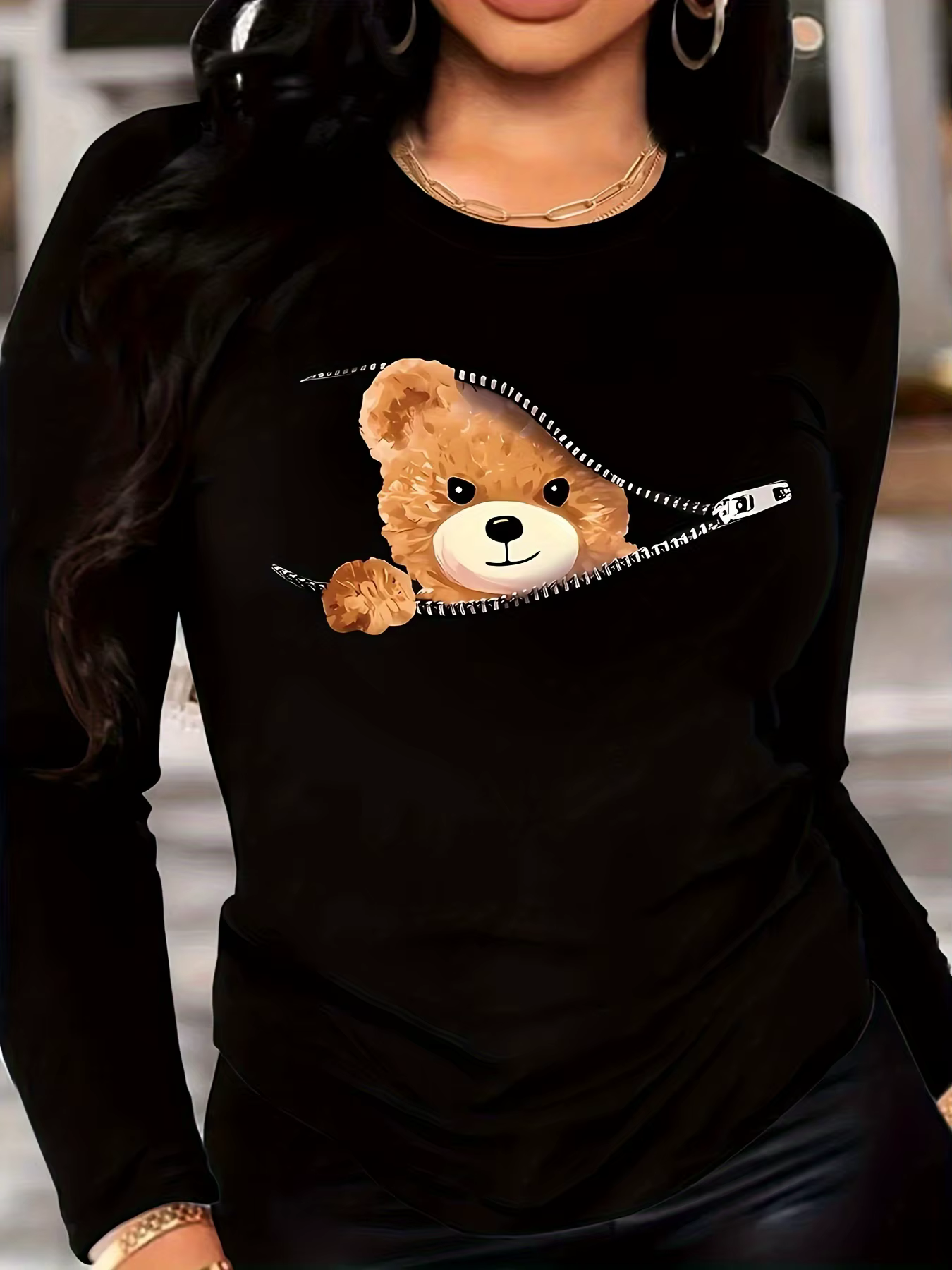Ours en peluche imprimé col rond T-shirt décontracté longue automne hiver haut femmes à manches longues