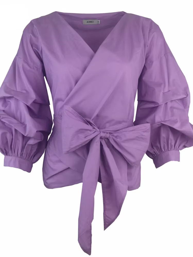 Femmes chemisier jaune Peplum hauts avec ceinture de taille noeud papillon manches bouffantes col en V dame chemises d'été vêtements féminins Blusas africain nouveau