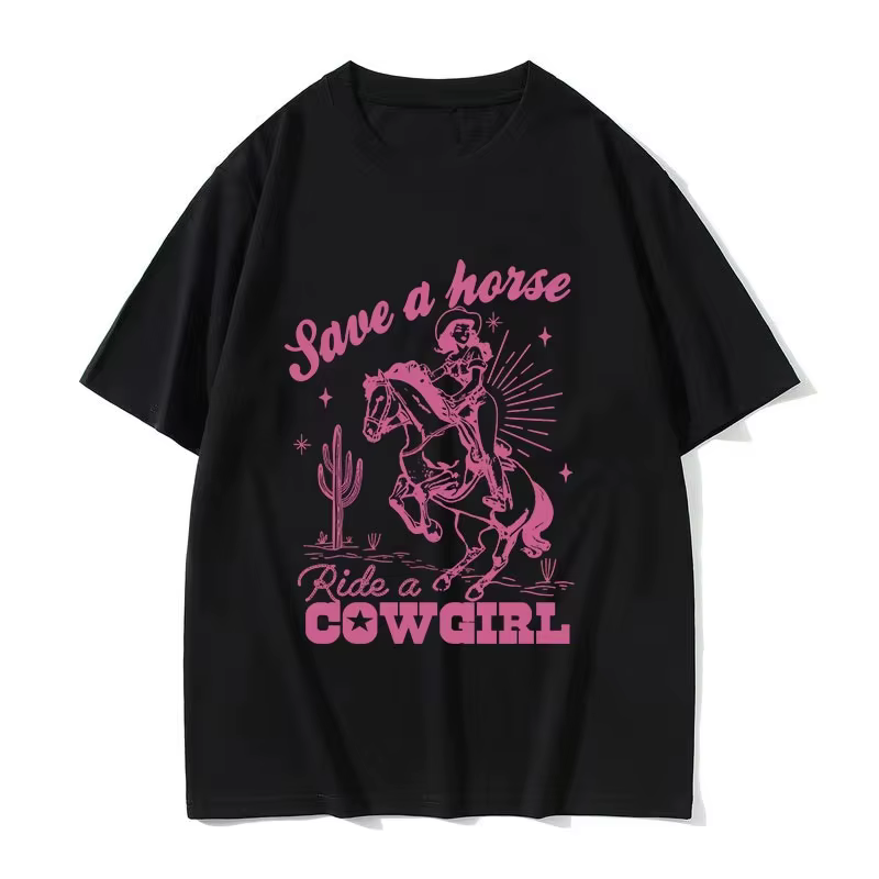 Save A Horse Ride A Cowgirl Imprimé T-shirt Hommes Femmes Rétro Esthétique Mode T-shirts Décontracté Surdimensionné