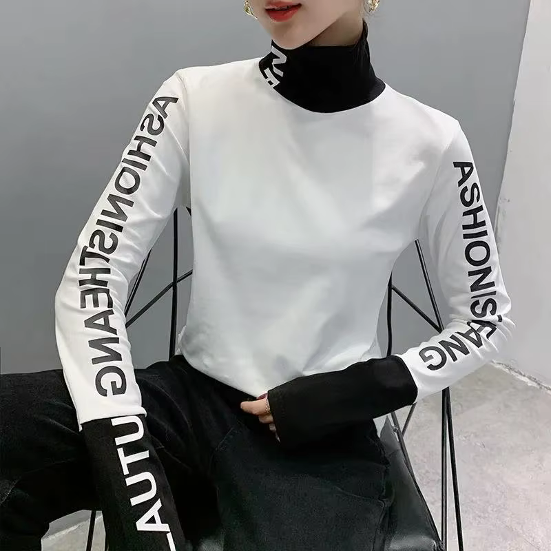Vêtements chaud T-shirt haut jaune pour femmes avec impression 2025 col roulé femme