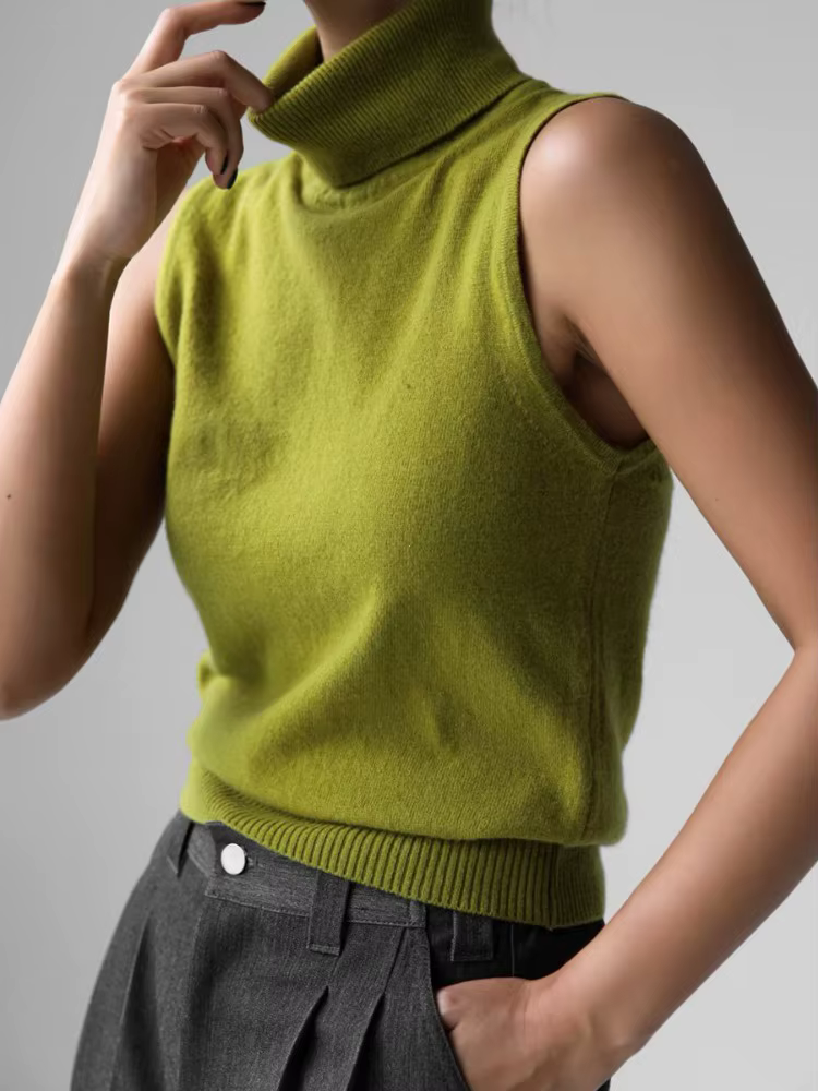 Nouveau débardeur tricoté sans manches à col roulé pour femme