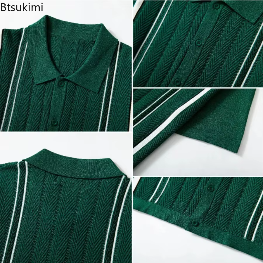 Chemises polo en tricot rayées rétro pour hommes