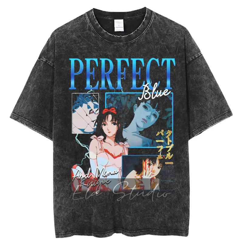 Anime japonais parfait bleu T-shirt hommes femmes vêtements Vintage lavé surdimensionné