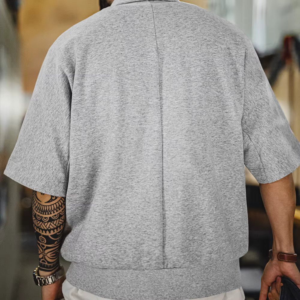 Maden Vintage Boro Style demi-zip manches courtes Polo hommes été Indigo teint imprimé col ample T-Shirt décontracté gris hauts