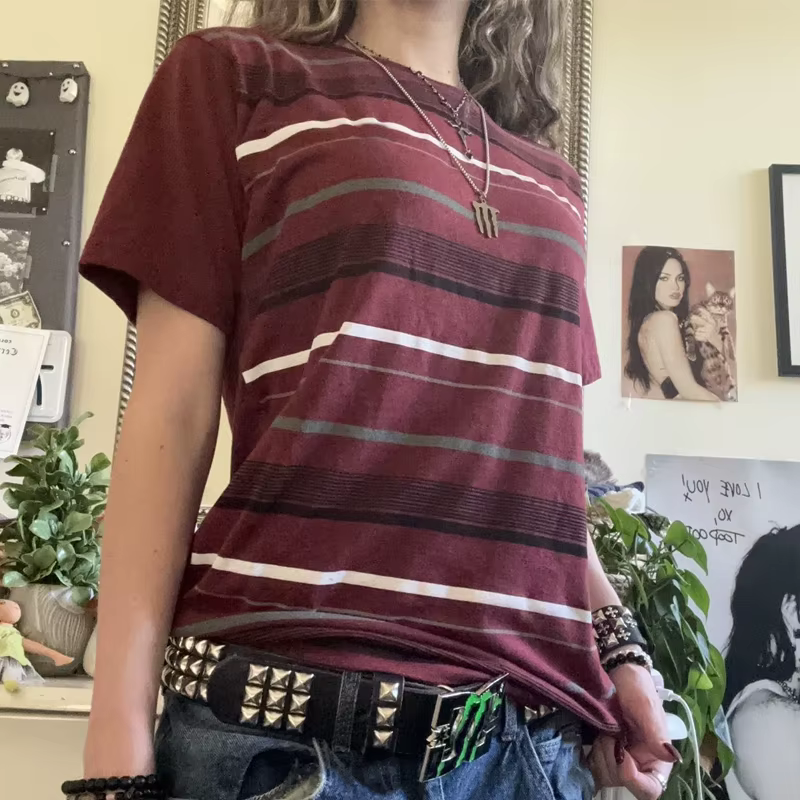 T-shirt Rayé à Manches Courtes et Col en V pour Homme et Femme