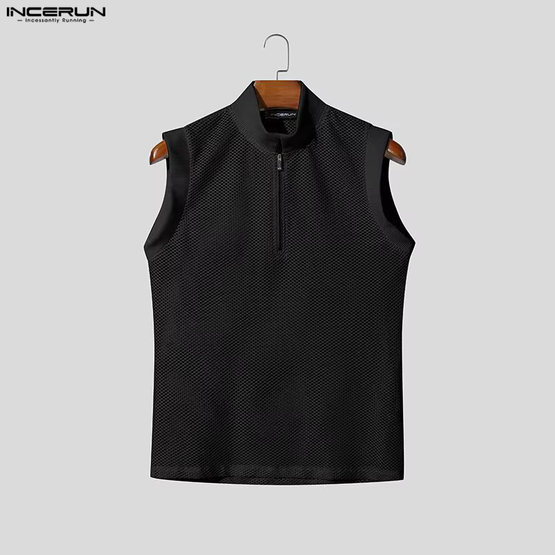 INCERUN Débardeurs Homme Évidés Transparents Été Streetwear Sexy Fermeture Éclair 2026 Tops Tendance Vêtements