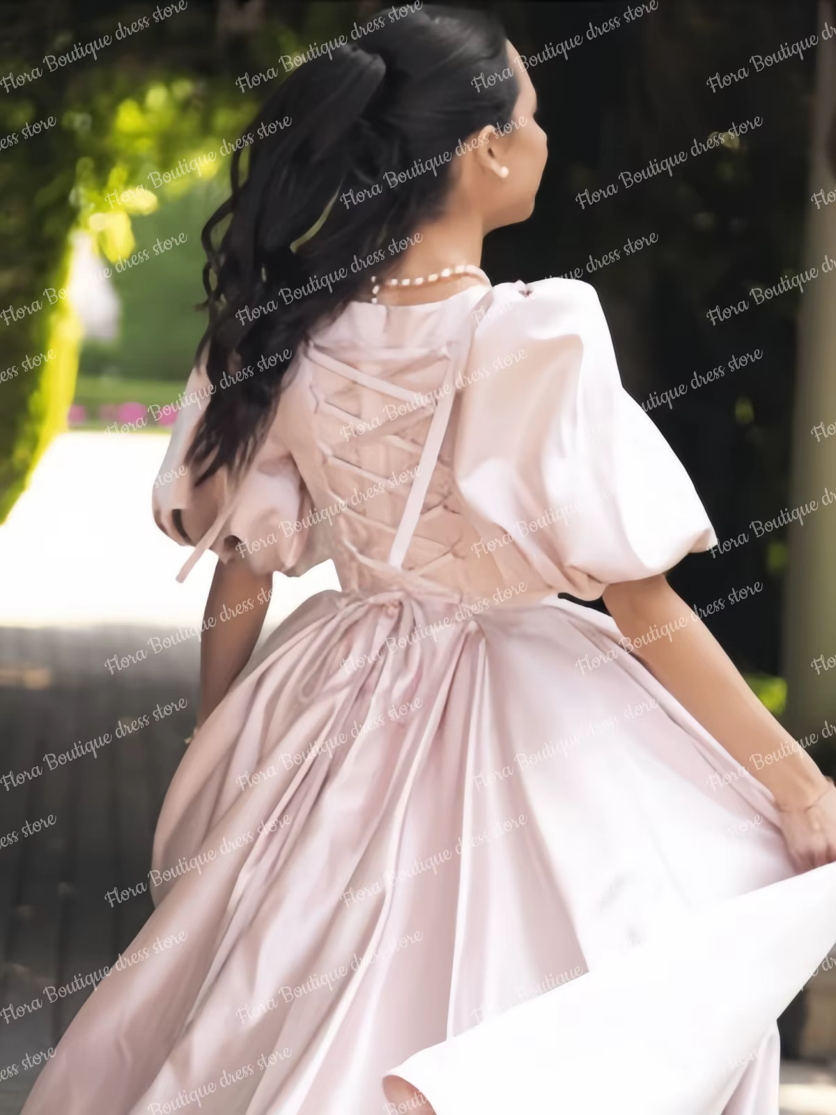Robes de demoiselle d'honneur roses pour femmes, pour mariage, col haut, manches évêques, robe de bal, longueur au sol, robe de soirée de Communion en Satin personnalisée