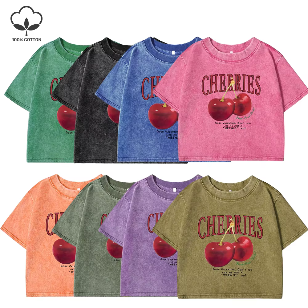 Cerises rouges lettre imprimé femme T-shirt mode été lavé vêtements décontracté coton haut court rétro t-shirts pour les femmes