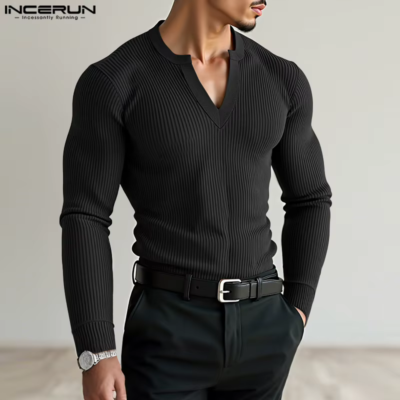 INCERUN hommes t-shirt couleur unie col en V à manches longues tricoté Streetwear mâle