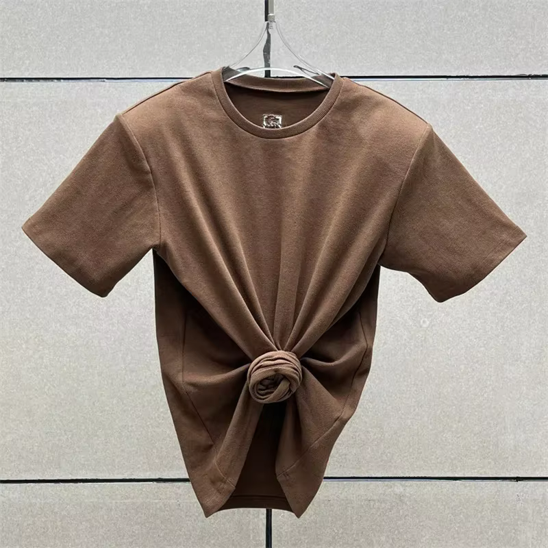 T-shirt femme 2025 été nouveau épaule rembourré coupe ajustée haut à manches courtes pur coton col rond pull y2k