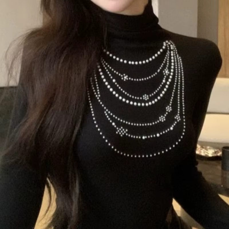 Y2k col roulé t-shirt pour femmes strass noir polyvalent Ropa De Mujer mode coréenne