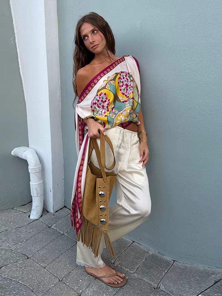 Nouveau débardeur asymétrique imprimé à une épaule avec lien pour femme, coupe ample et irrégulière, idéal pour la fête ou la plage