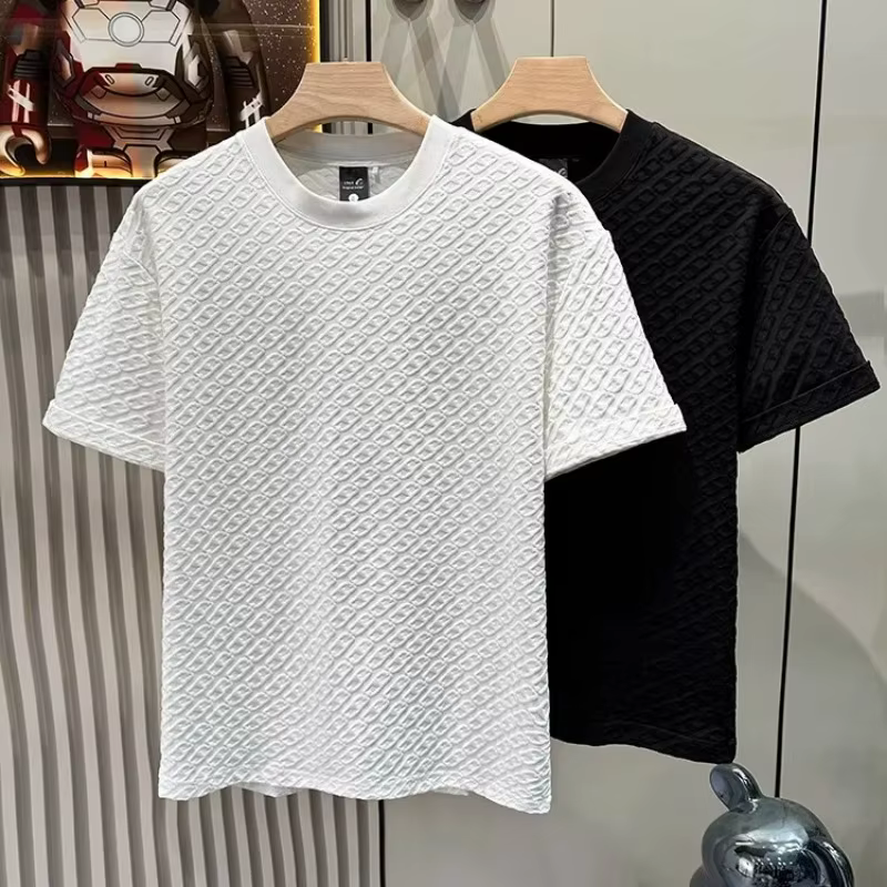 T-shirt d'été pour homme en jacquard texturé à manches courtes, col rond, ample, respirant, basique et décontracté