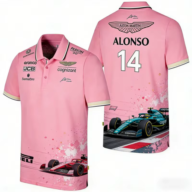 Aston Martin Racing Team Training Street Style Button Polo Shirt Fernando Alonso 14 Vêtements à manches courtes pour hommes et femmes