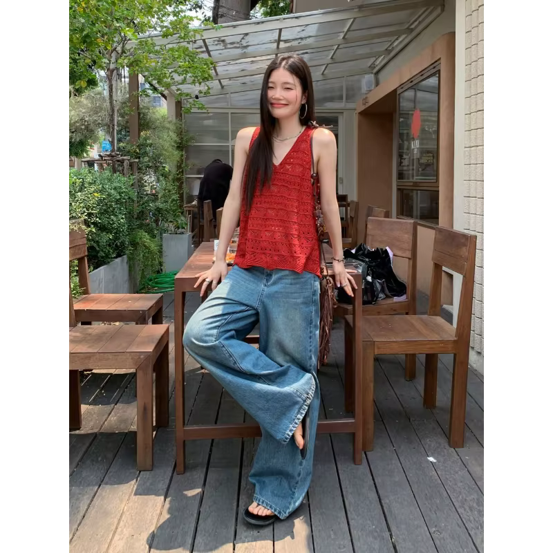 Débardeur en tricot ajouré rouge pour femme