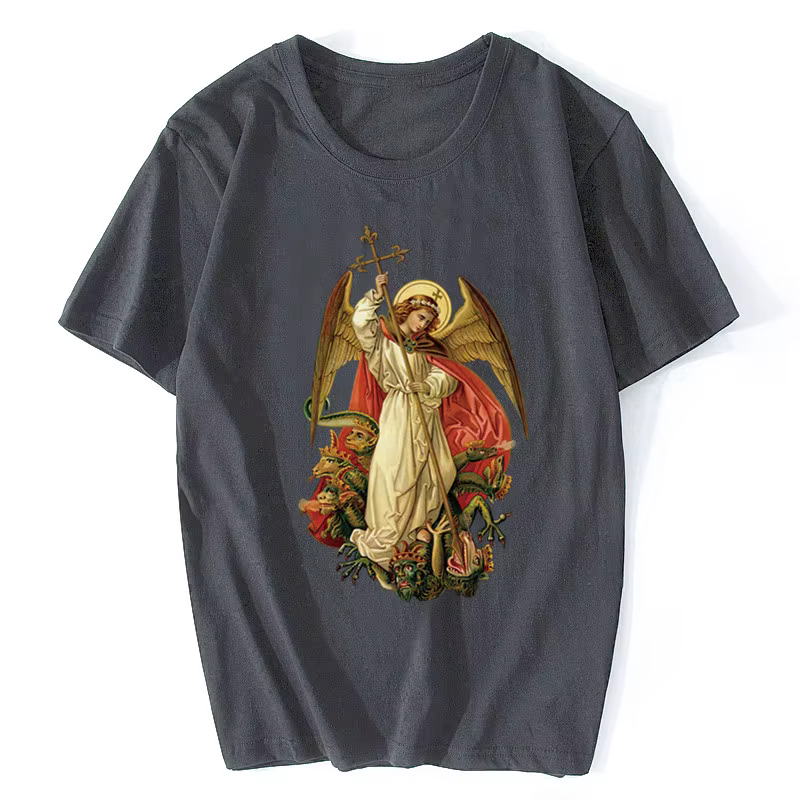 Saint Michael détruire le diable catholique chrétien T-shirt hommes coton à manches courtes